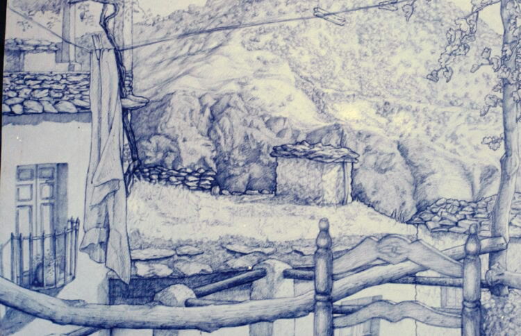 Drawing, ball-point pen on drawing paper. View from terrace in Atalbeitar, Spain. 